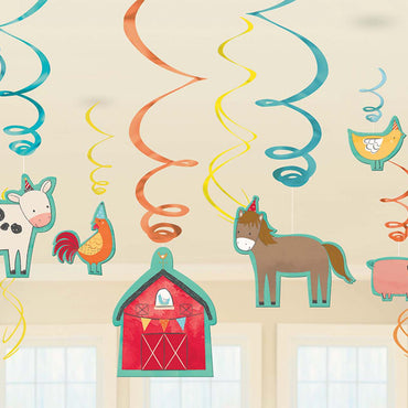 Barnyard Birthday Foil Swirl Decorations 12pcs Decorations - Party Centre