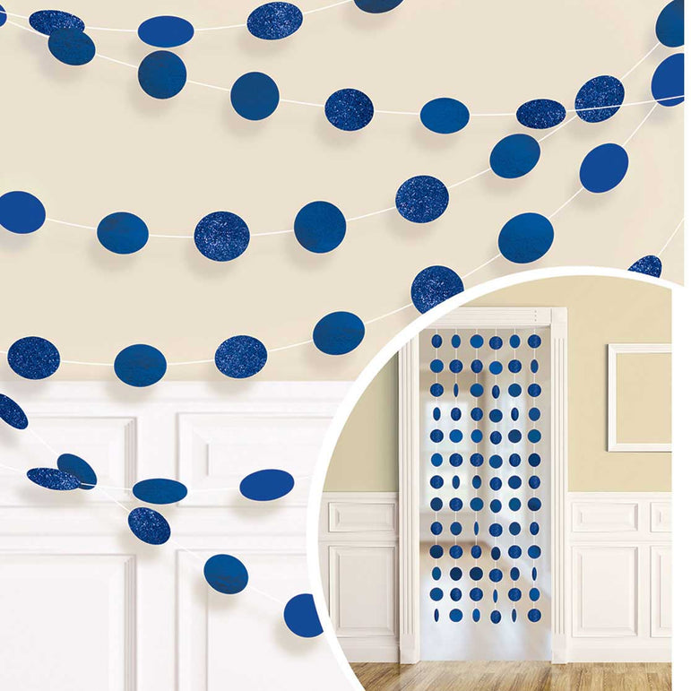 Bright Royal Blue Round Glitter String Decorations 7ft, 6pcs Decorations - Party Centre