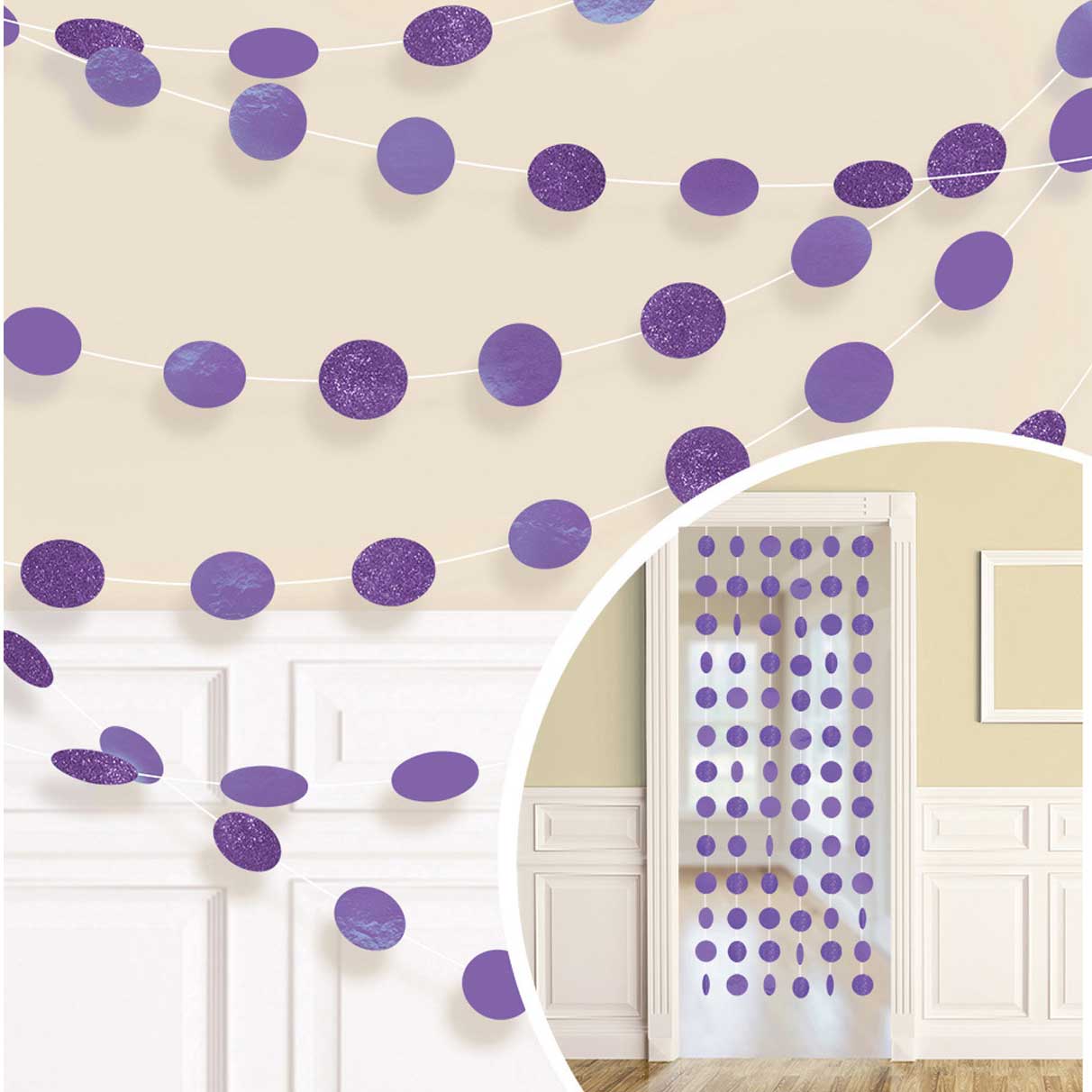 New Purple Round Glitter String Decorations 7ft, 6pcs Decorations - Party Centre