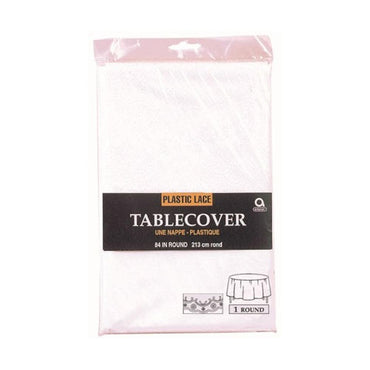 White Lace Round Table Cover 84in Solid Tableware - Party Centre