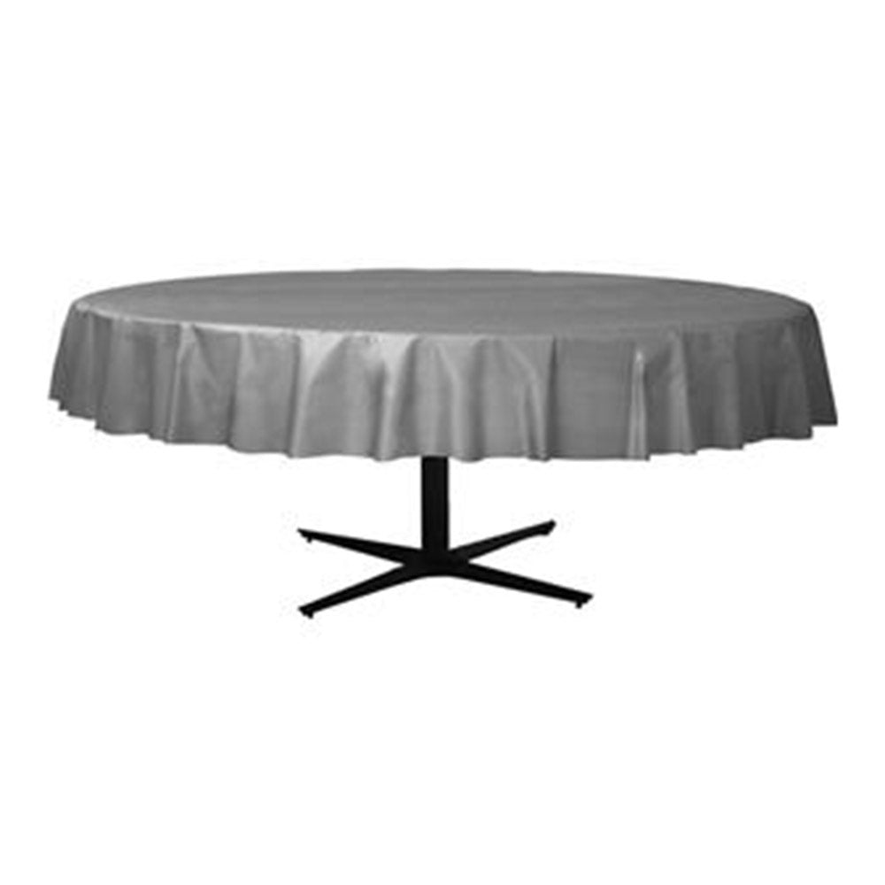 Silver Round Plastic Table Cover 84in Solid Tableware - Party Centre