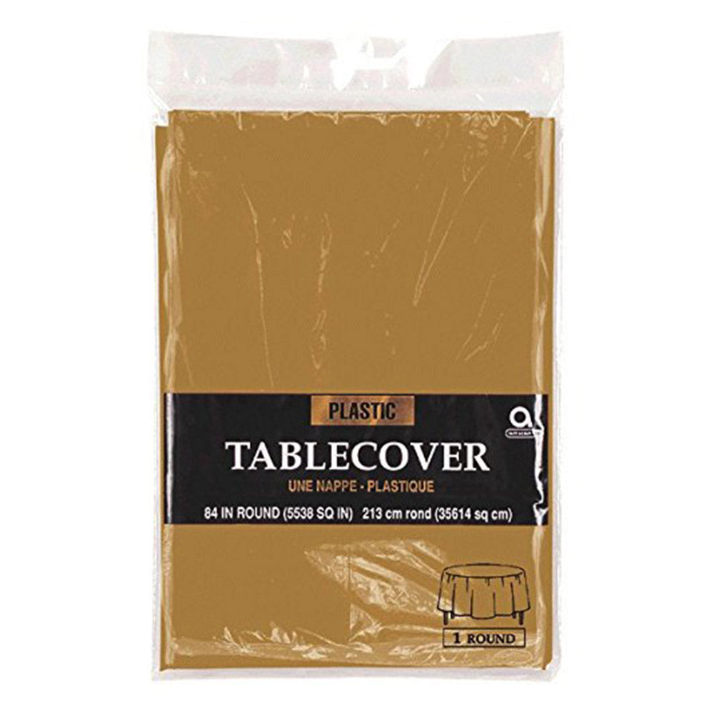 Gold Round Plastic Table Cover 84in Solid Tableware - Party Centre