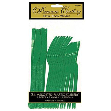 Festive Green Heavy Weight Assorted Cutlery 24pcs Solid Tableware - Party Centre