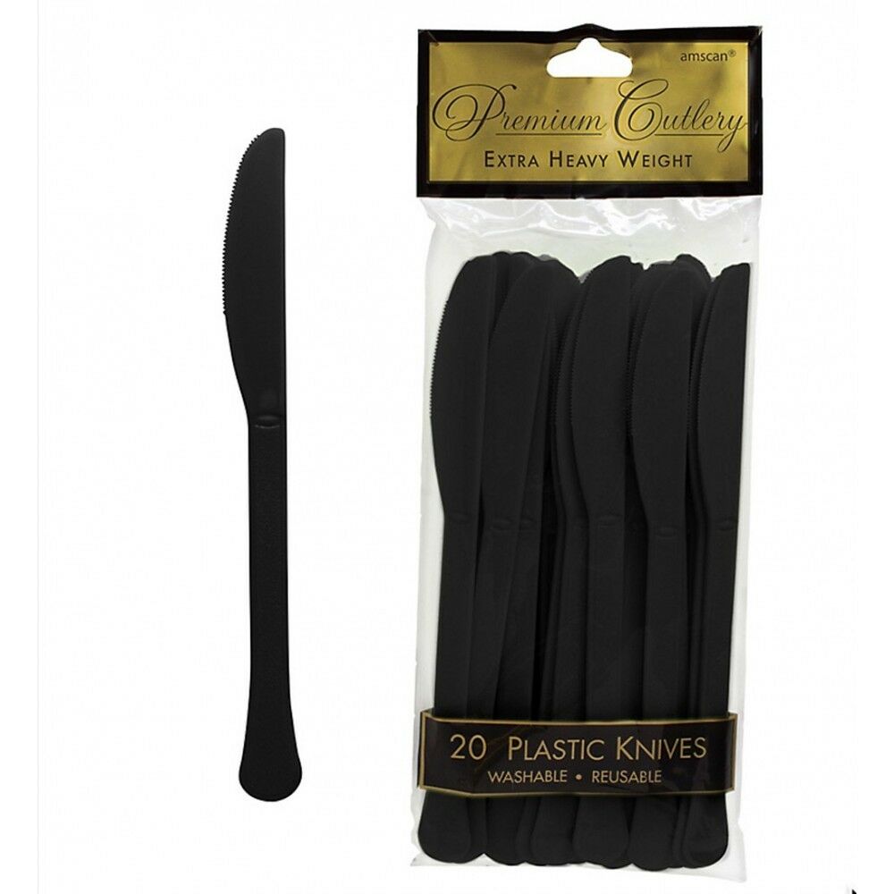 Jet Black Heavy Weight Plastic Knives 20pcs Solid Tableware - Party Centre