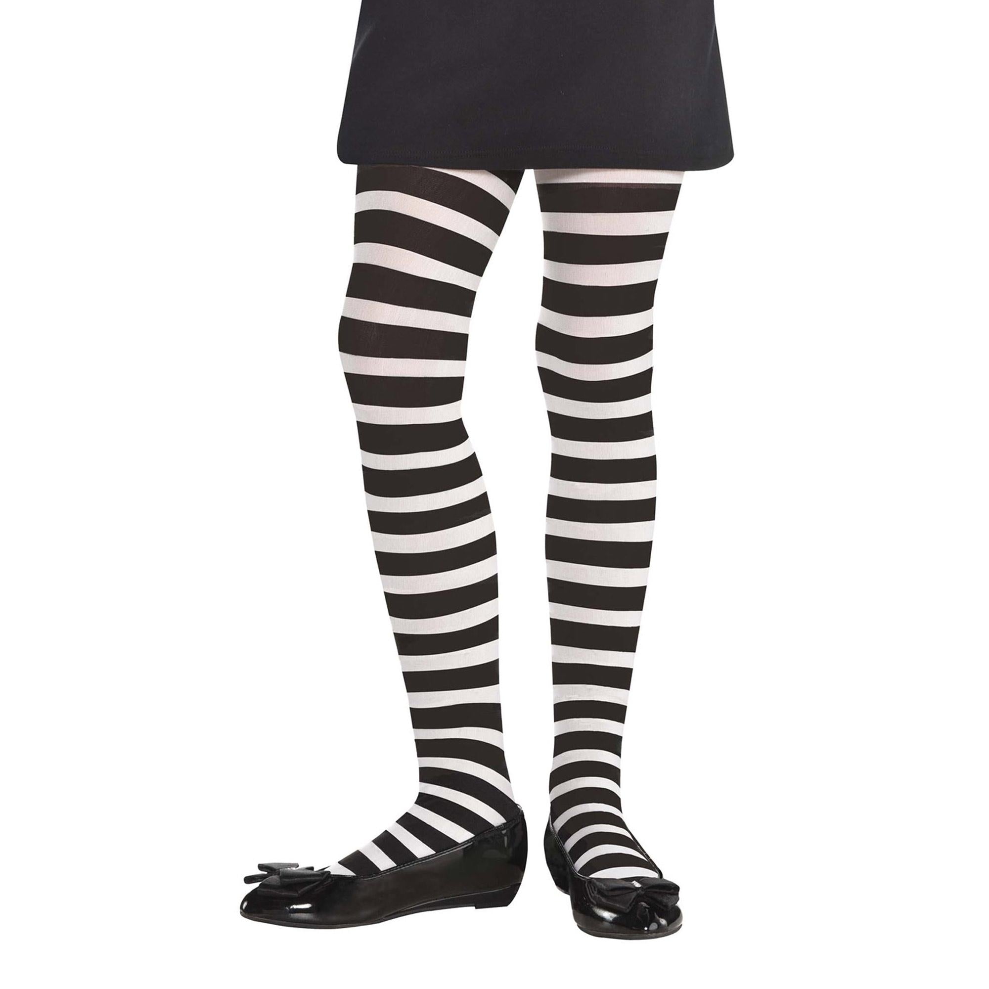 Child White & Black Striped Tights M-L Costumes & Apparel - Party Centre