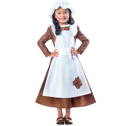 A girl in a Victorian-style costume with a white dress, brown apron, and hat, standing against a white background.