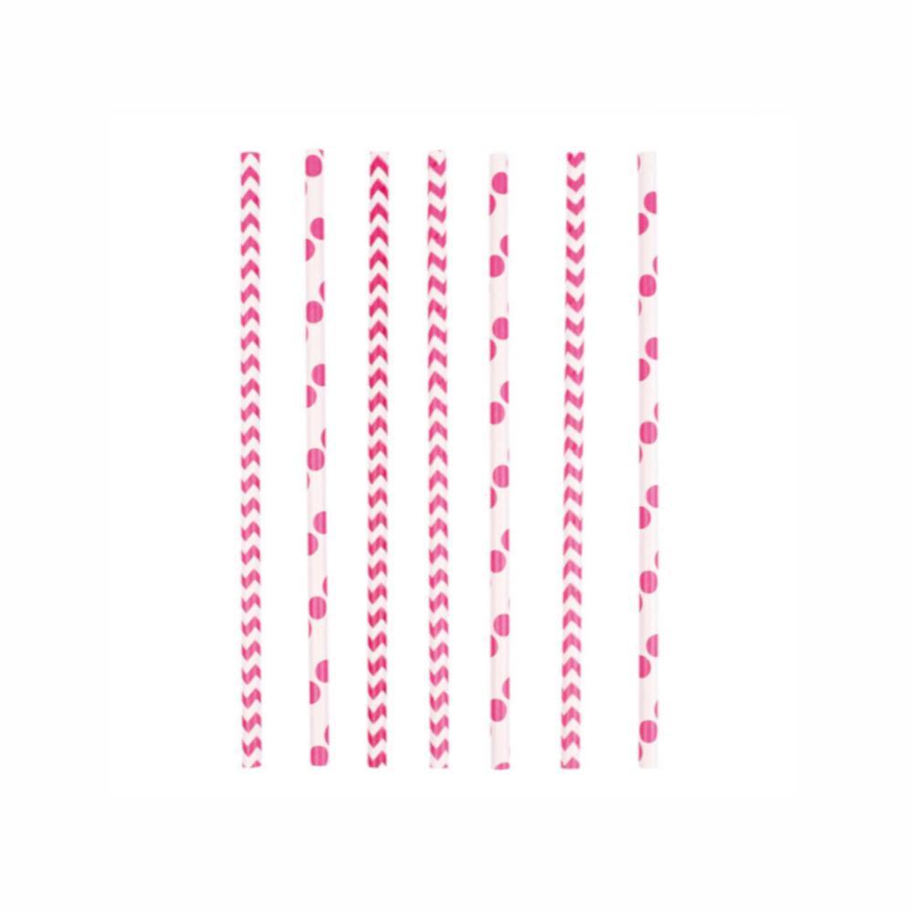 Dots & Chevron Bright Pink Paper Drinking Straws 24pcs Candy Buffet - Party Centre