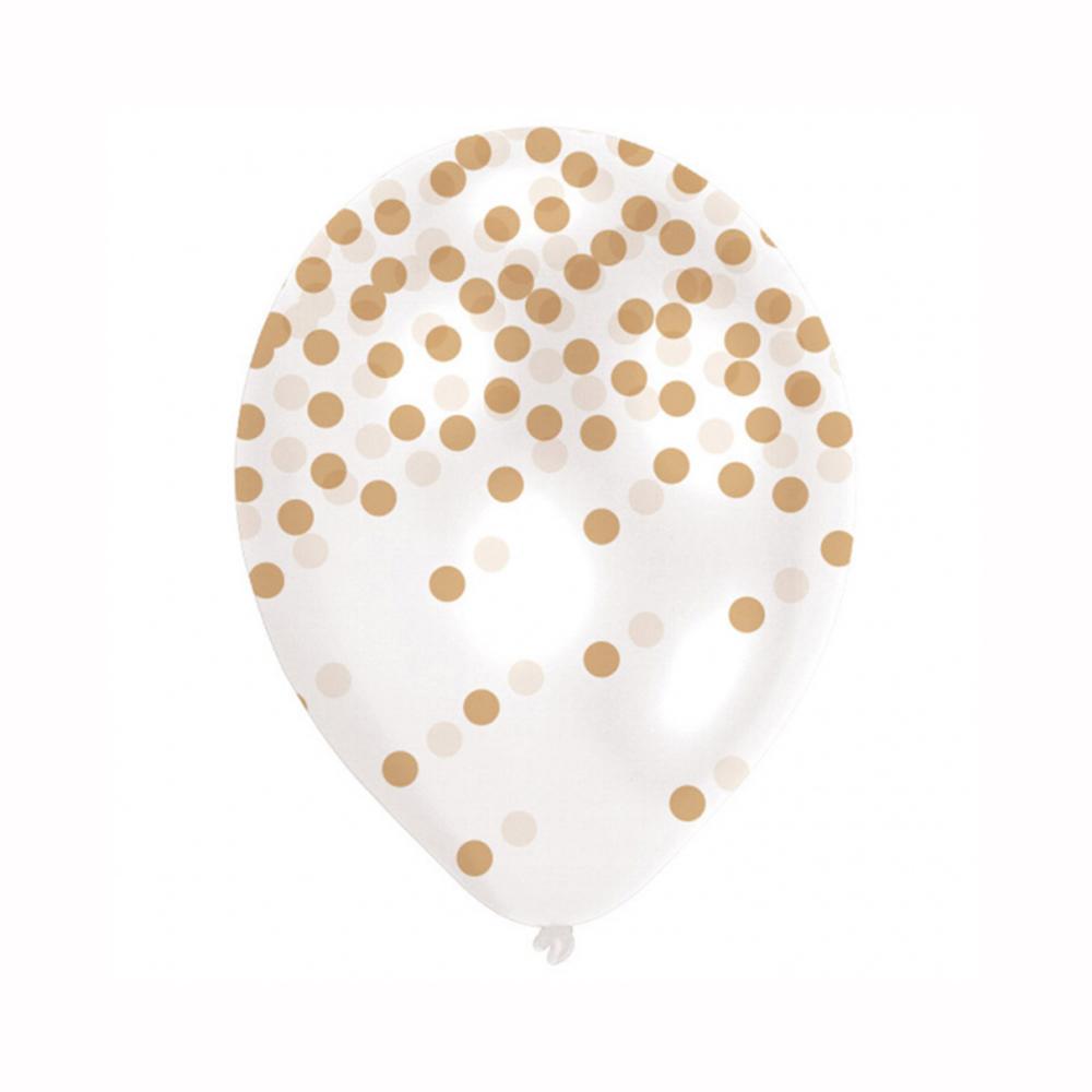 Gold Confetti Printed Latex Balloons 11in, 6pcs Balloons & Streamers - Party Centre