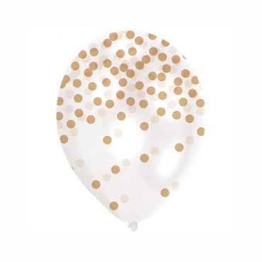 Gold Confetti Printed Latex Balloons 11in, 6pcs Balloons & Streamers - Party Centre