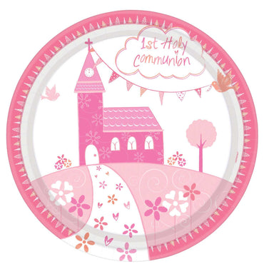 First Holy Communion Church Pink Paper Plate 8pcs 23cm Printed Tableware - Party Centre