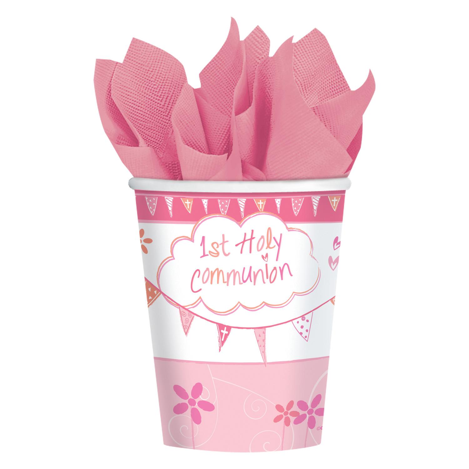 Communion Church Pink Cups 9oz, 8pcs Printed Tableware - Party Centre