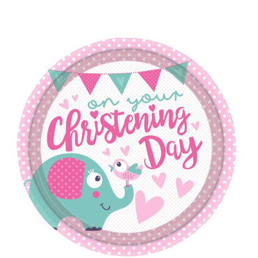 Christening Pink Paper Plates 9in, 8pcs Printed Tableware - Party Centre
