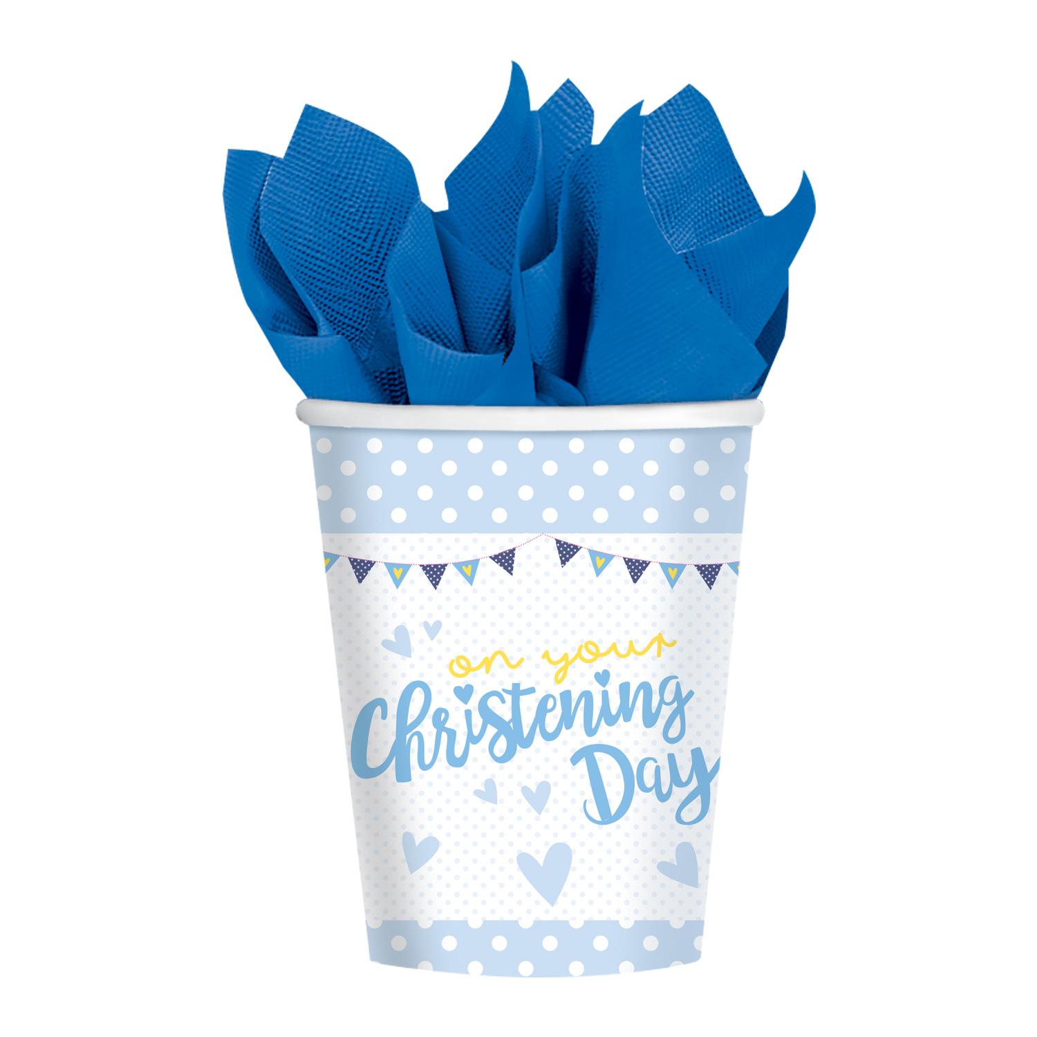 Christening Blue Paper Cups 9oz, 8pcs Printed Tableware - Party Centre