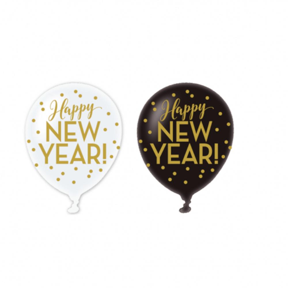 Happy New Year All Over Print Latex Balloons 11in, 6pcs Balloons & Streamers - Party Centre