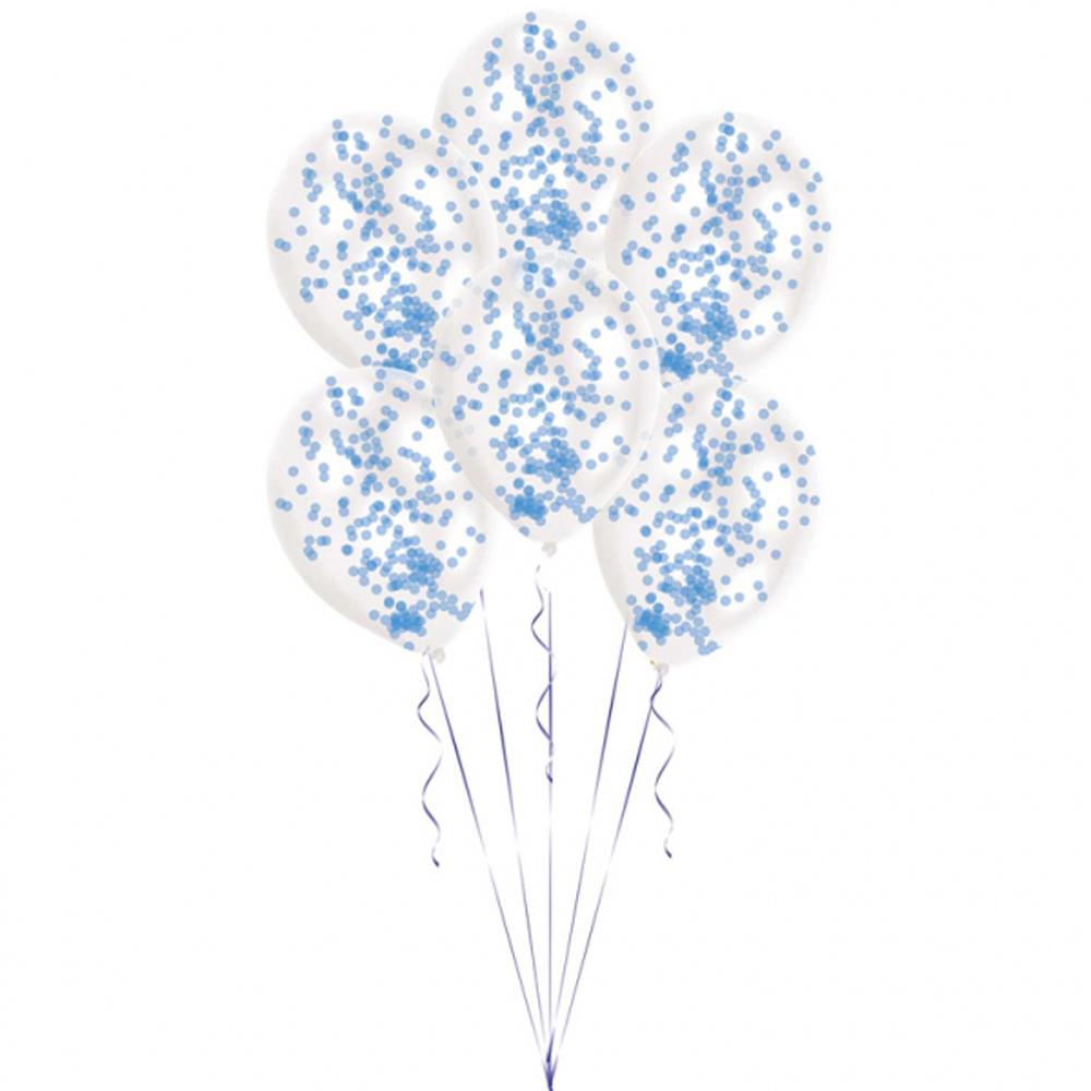 Blue Confetti Filled Transparent Latex Balloons 6pcs Balloons & Streamers - Party Centre