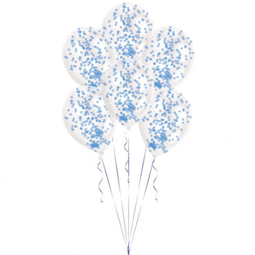 Blue Confetti Filled Transparent Latex Balloons 6pcs Balloons & Streamers - Party Centre