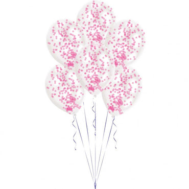 Pink Confetti Filled Transparent Latex Balloons 6pcs Balloons & Streamers - Party Centre