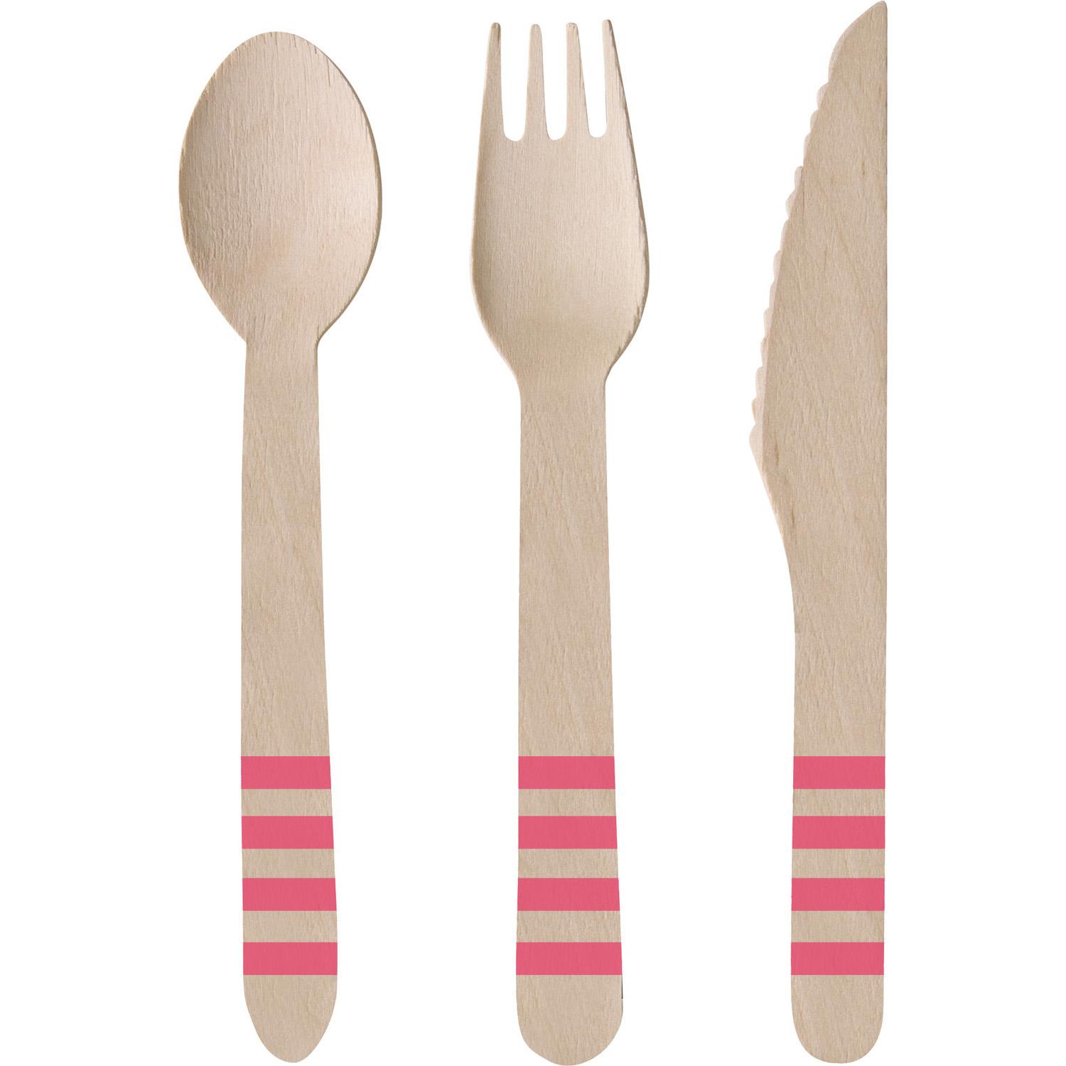 Flamingo Paradise Wooden Cutlery 24pcs Solid Tableware - Party Centre
