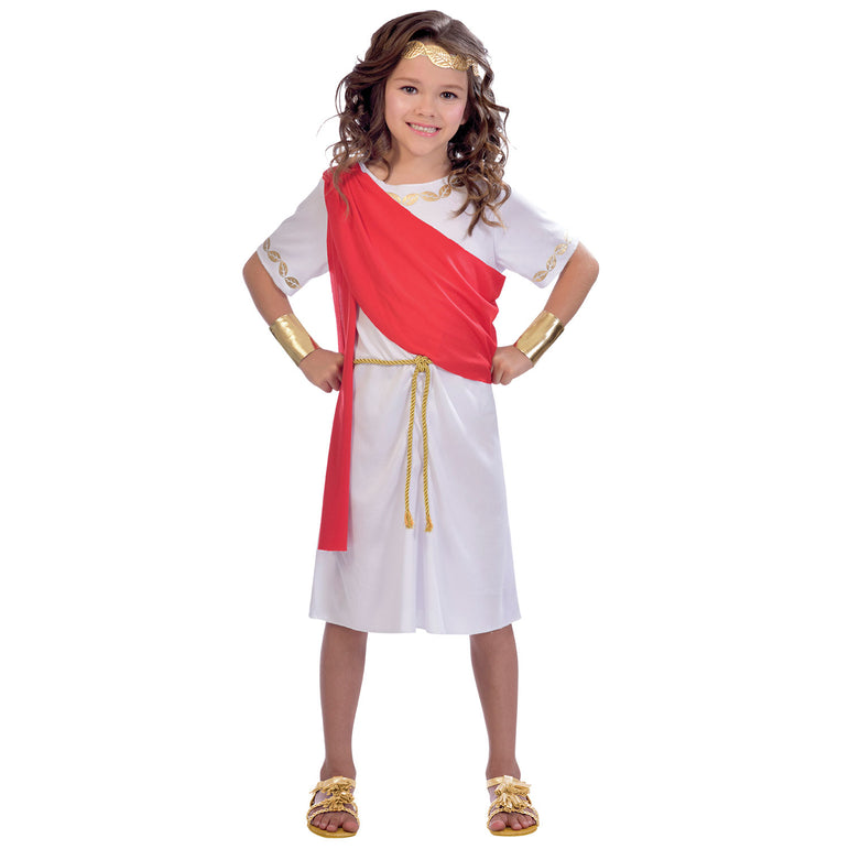 A child dressed in a white toga with red detailing and golden accessories, resembling a Roman goddess costume.