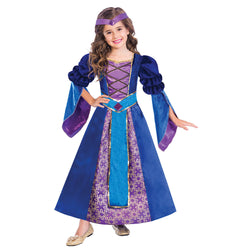 A girl in a Child Medieval Princess Costume, featuring a blue and purple dress with a headpiece.