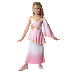 A young girl in a Child Roman Goddess Costume, consisting of a pink and white dress with gold accents and a matching headpiece.