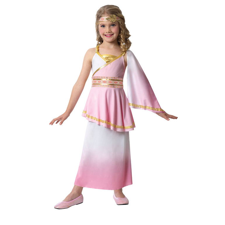 A young girl in a Child Roman Goddess Costume, consisting of a pink and white dress with gold accents and a matching headpiece.