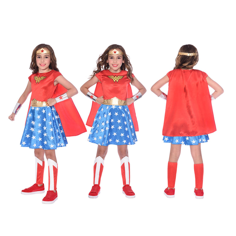Child Wonder Woman costume shown in front and back views with red top, star skirt, and cape.