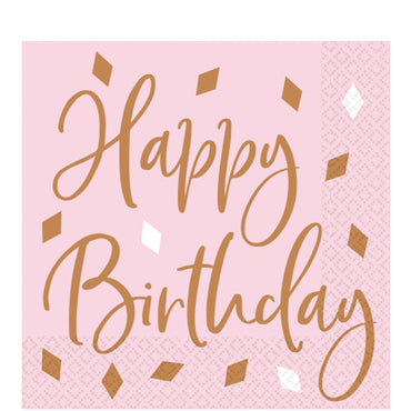 Rose Gold Happy Birthday Lunch Tissues 16pcs Printed Tableware - Party Centre