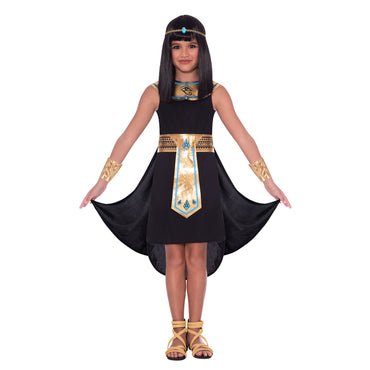 A girl wearing a Child Egyptian Pharaoh costume, including a flowing black dress with a detailed collar, a headpiece, and a belt with gold and blue accents.