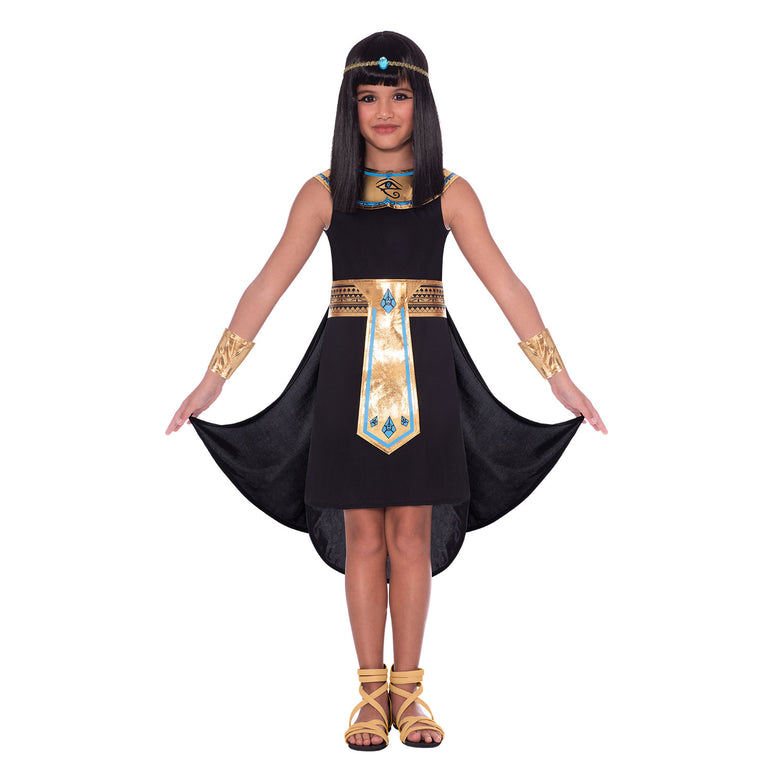 A girl wearing a Child Egyptian Pharaoh costume, including a flowing black dress with a detailed collar, a headpiece, and a belt with gold and blue accents.