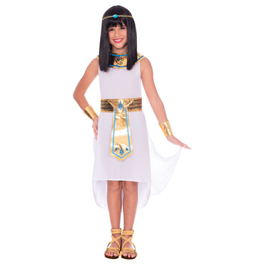 Child dressed in a white Egyptian girl costume with a blue and gold-colored dress, headpiece, collar, belt, and cuffs.