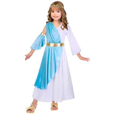 A young girl wearing a Child Greek Goddess Costume with a flowing white and blue dress, an armpiece, and a headpiece.