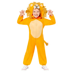 Child in a yellow lion onesie costume with a mane and tail, raising hands in excitement.
