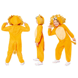 Child wearing lion onesie costume shown in front, side, and back views.