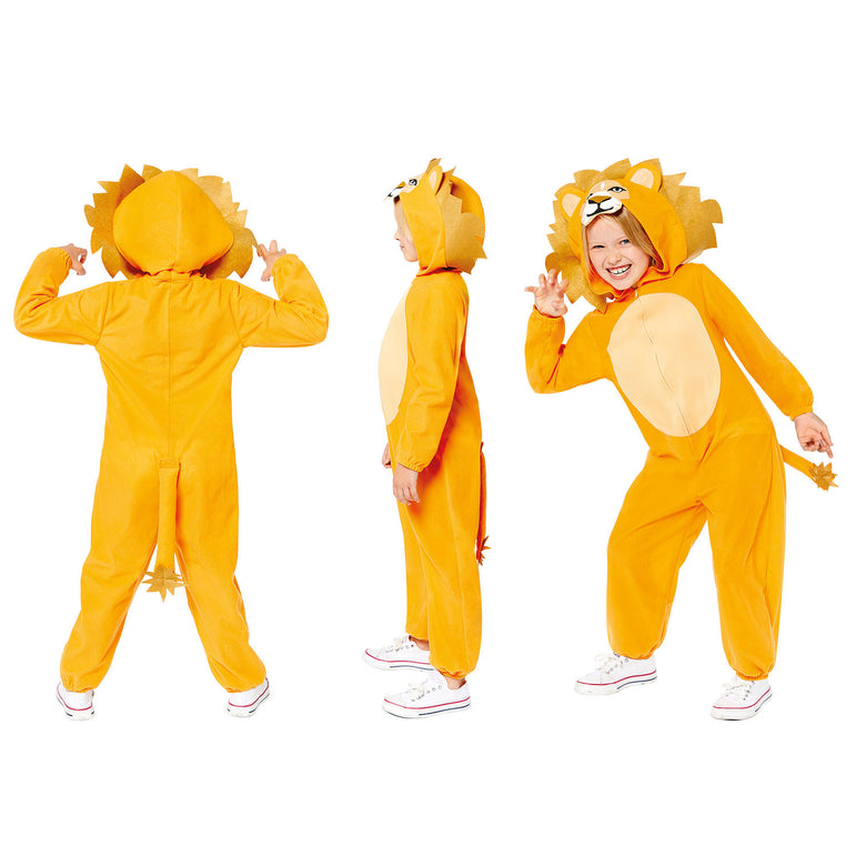 Child wearing lion onesie costume shown in front, side, and back views.