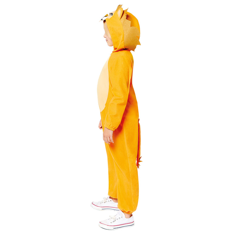 Side view of child wearing lion onesie costume with hood and tail.