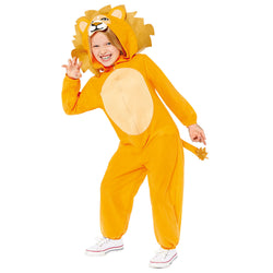 Child wearing lion onesie costume with hood, smiling and posing.
