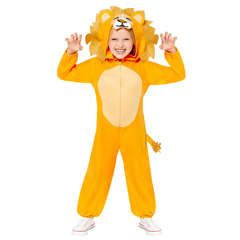 Child in a yellow lion onesie costume with a mane and tail, raising hands in excitement.