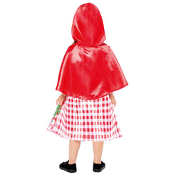 Back view of child wearing Little Red Riding Hood costume with red hooded cape.