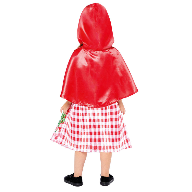 Back view of child wearing Little Red Riding Hood costume with red hooded cape.