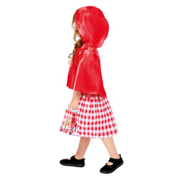Side view of child wearing Little Red Riding Hood costume with red cape and gingham skirt.