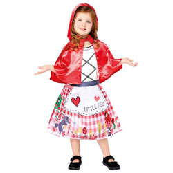 Child wearing Little Red Riding Hood costume with red hooded cape and printed dress.