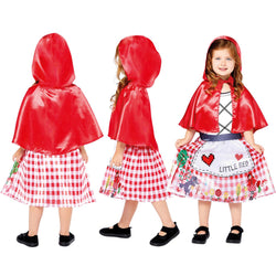 Child Little Red Riding Hood costume shown in front, side, and back views with red cape and gingham dress.