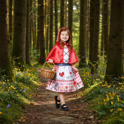 A child dressed in a Little Red Riding Hood costume with a red hooded cape, a white printed dress, and a black apron with a red heart pattern.