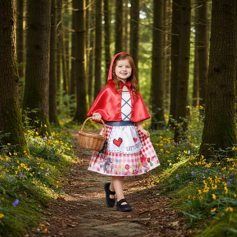 A child dressed in a Little Red Riding Hood costume with a red hooded cape, a white printed dress, and a black apron with a red heart pattern.