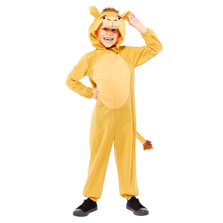Child in a yellow camel jumpsuit costume with a hood and tail, standing on a white background.