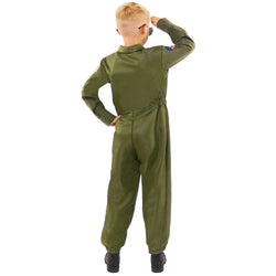 Back view of child wearing green Top Gun flight suit costume.