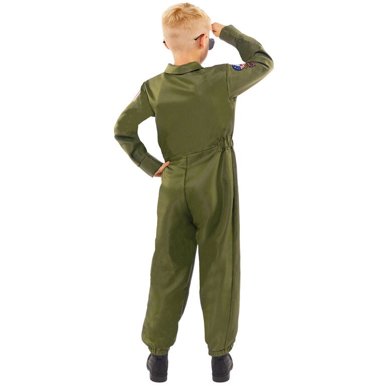 Back view of child wearing green Top Gun flight suit costume.