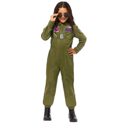 Child wearing green Top Gun flight suit costume with sunglasses and patches.