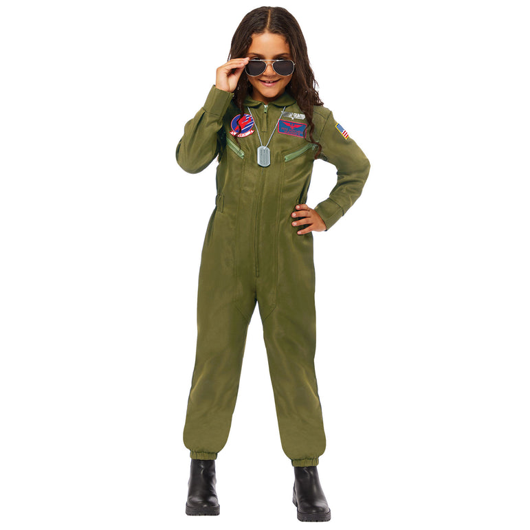 Child wearing green Top Gun flight suit costume with sunglasses and patches.